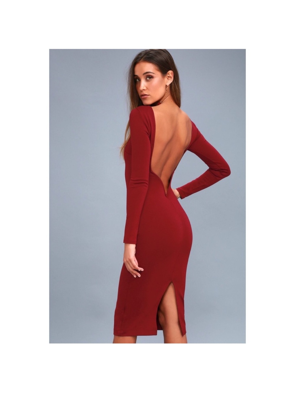 Lulu's Backless Dress Long-Sleeve‎ Dress in Burgundy midi slit ponte knit Fits S
